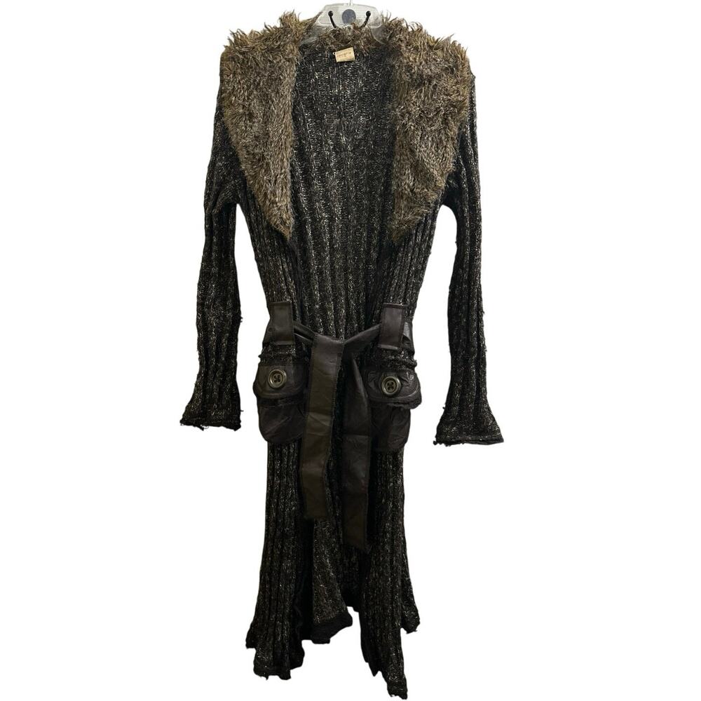 Grifflin Paris Knit Mohair Duster Sweater Coat Jacket Faux Fur Collar Vintage!